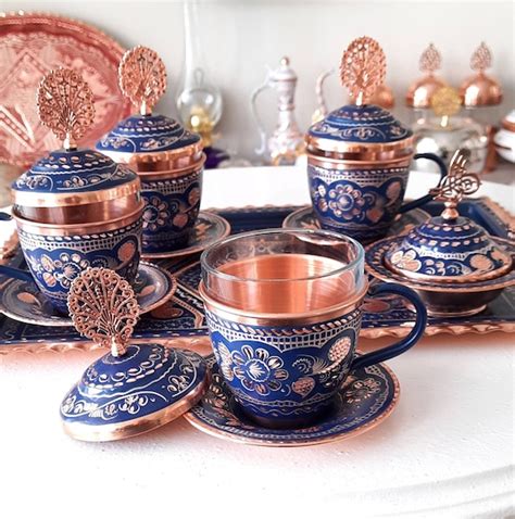 Turkish Copper Tea Set Blue Tea Pot Copper Tea Cups Ottoman | Etsy