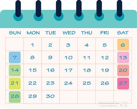 Calendar Clipart - planning-calendar-with-weekends-color-coded-clipart - Classroom Clipart