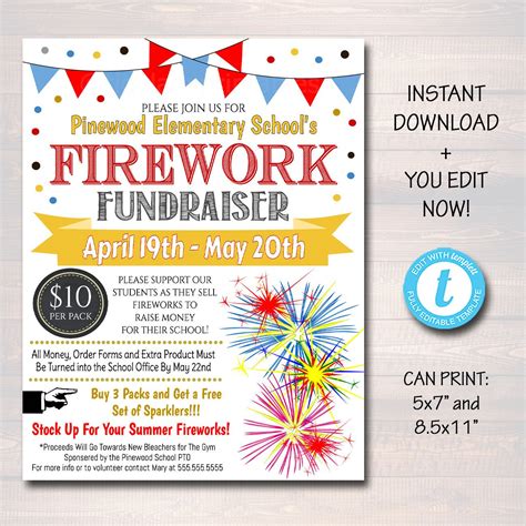 EDITABLE Firework Fundraiser Flyer Printable PTA, PTO, School Church Firework Fundraiser Event ...