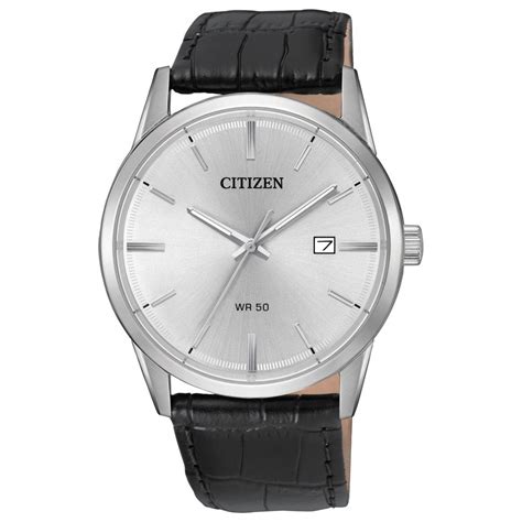 CITIZEN STAINLESS STEEL WATCH WITH SILVER DIAL & BLACK LEATHER STRAP ...