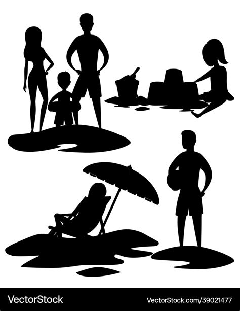 Black silhouette set people on beach Royalty Free Vector