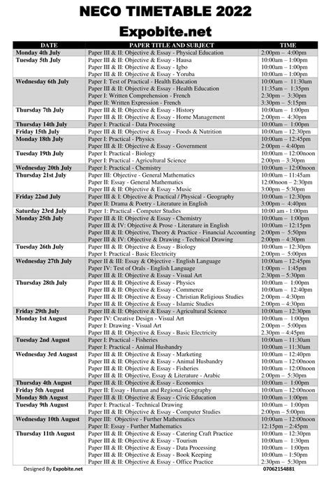 NECO Timetable 2023/2024 PDF Download for SS3