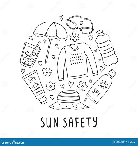 Doodle Sun Safety Icons in Circle. Stock Vector - Illustration of ...