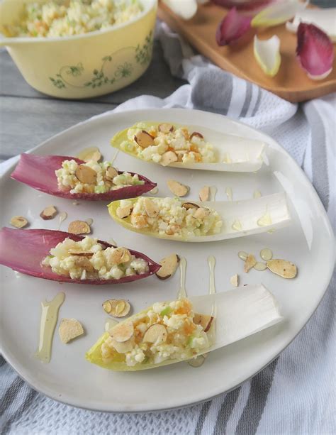 Lemony Endive Appetizer with White Stilton Cheese, Apple, Pear and Almond