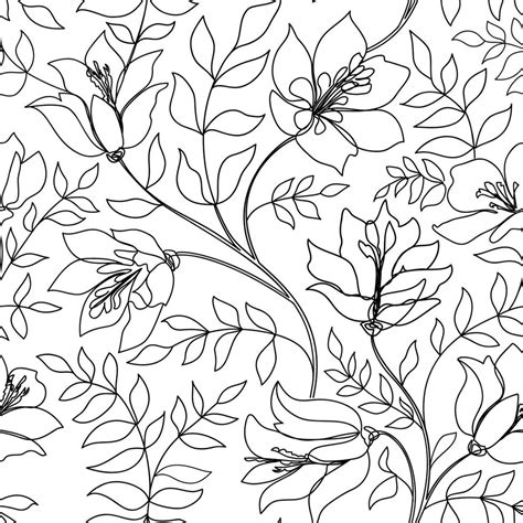 Floral seamless line art pattern. Flower outline background. Floral linear drawn texture with ...