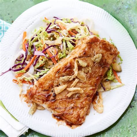 Grilled Wild Alaskan Pollock with BBQ Sauce and Pickled Slaw recipe | Epicurious.com