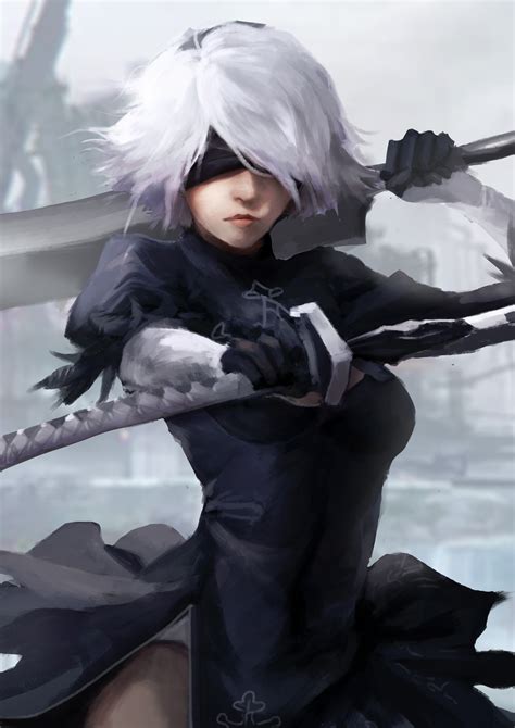 2B (Nier: Automata), Video game characters, Nier: Automata, NieR, Blindfold, Black dress, Sword ...