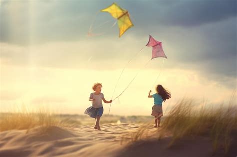 Premium AI Image | Kids flying kites on a windy beach summer