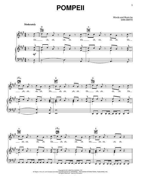 Pompeii by Bastille Sheet Music for Piano, Vocal & Guitar Chords (Right-Hand Melody) at Sheet ...