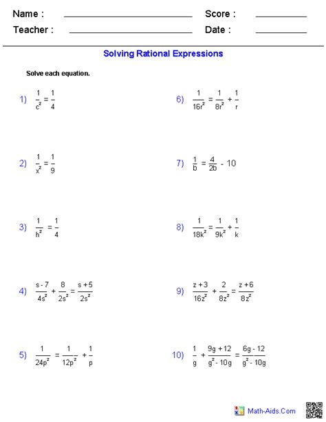 Algebra 1 Worksheets | Rational Expressions Worksheets | Rational expressions, Simplifying ...