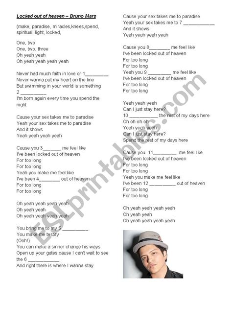 Locked out of heaven - Bruno Mars - ESL worksheet by teacherfer