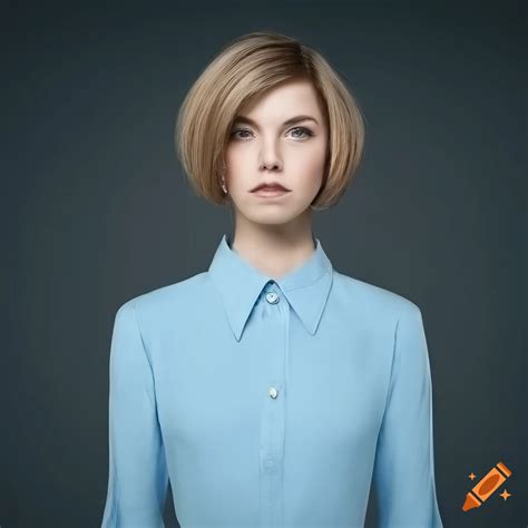 Beautiful woman with chin length bob haircut and light blue button down shirt on Craiyon