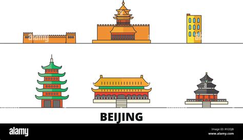 China, Beijing flat landmarks vector illustration. China, Beijing line ...