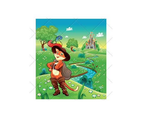 Story vector - puss in boots (cat, tomcat, castle, tree, flower, river, boots, hat, feather ...