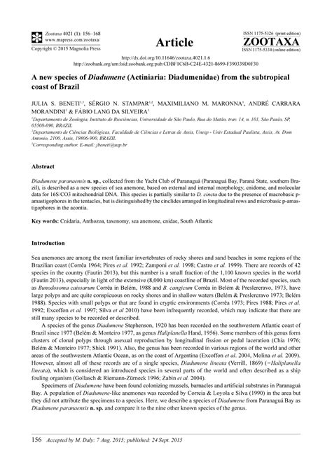 (PDF) A new species of Diadumene (Actiniaria: Diadumenidae) from the ...