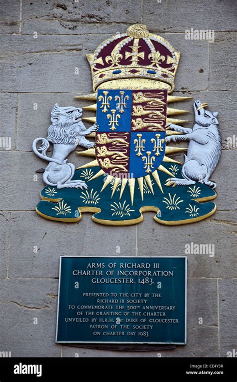 King Richard III's coat of arms on a wall in the centre of Gloucester ...