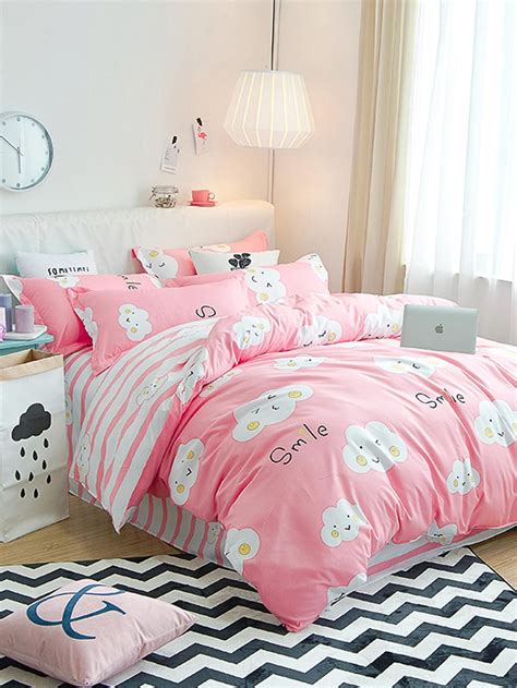 #AdoreWe #SheIn - #SheIn 1.5m 4Pcs Cloud Print Contrast Striped Bedding ...