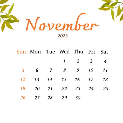 Calendar November 2023 With Leaves, Calendar November 2023, November ...