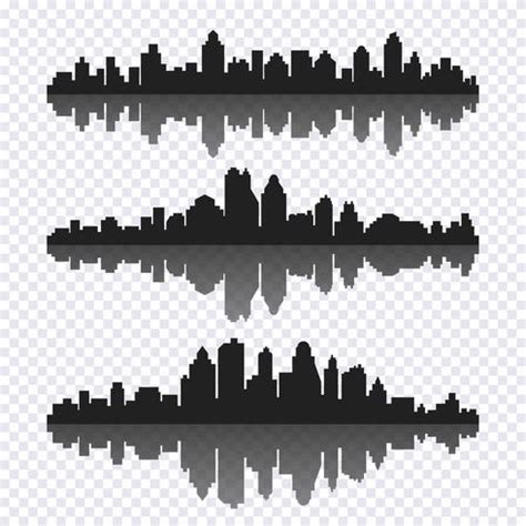 Vector set of different black horizontal cityscape with reflection ...