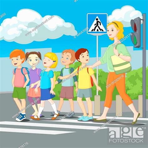 Kids crossing road with teacher. Road Safety for children, Stock Vector, Vector And Low Budget ...