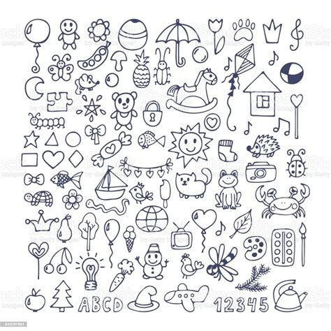 Collection Of Hand Drawn Cute Doodles Doodle Children Drawing Stock Illustration - Download ...