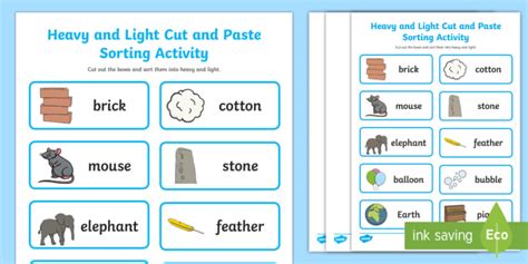 Heavier and Lighter Sorting Worksheet (teacher made)