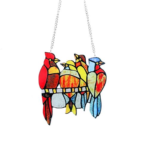 Stained Window Hangings, Decorative 9 Birds on a Wire Stained Glass, Handcraft Stained Window ...