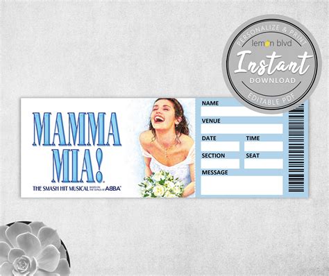 Mamma Mia Ticket Printable Surprise Gift Reveal Broadway - Etsy | Mamma ...