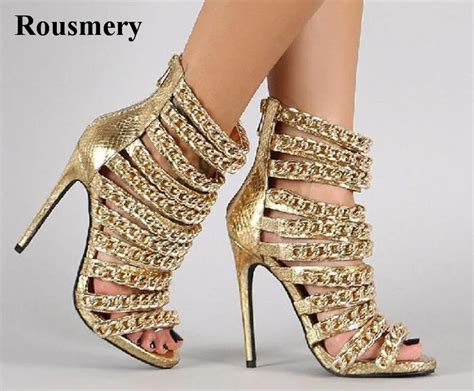 Women Fashion Design Gold Chain High Heel Sandals Zipper up Open Toe ...