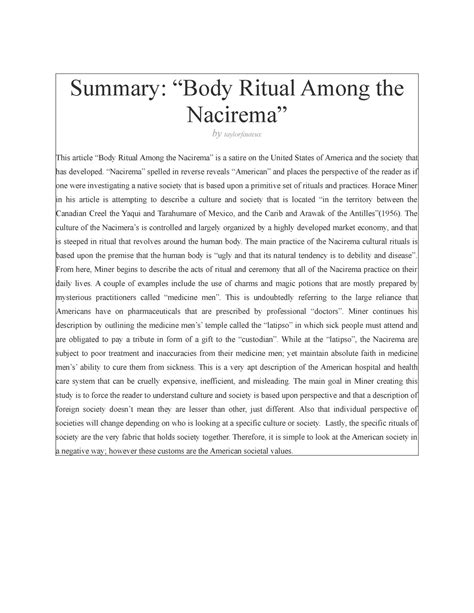 Summary Body Ritual Among the Nacirema 1 - Summary: “Body Ritual Among ...