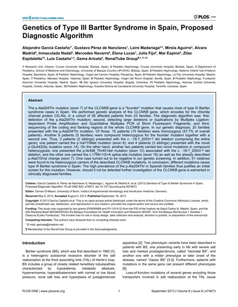 (PDF) Genetics of Type III Bartter Syndrome in Spain, Proposed Diagnostic Algorithm