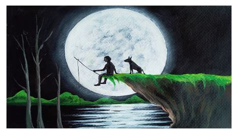 Fishing in the moon light acrylic painting tutorial | scenery painting | canvas painting ...