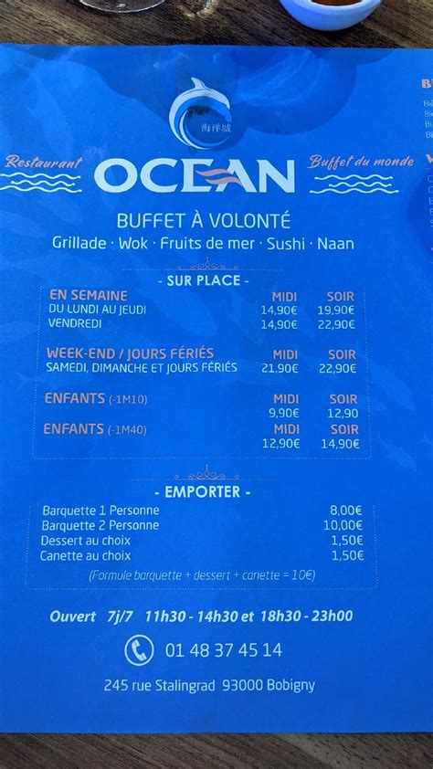 Menu at Restaurant Océan, Bobigny