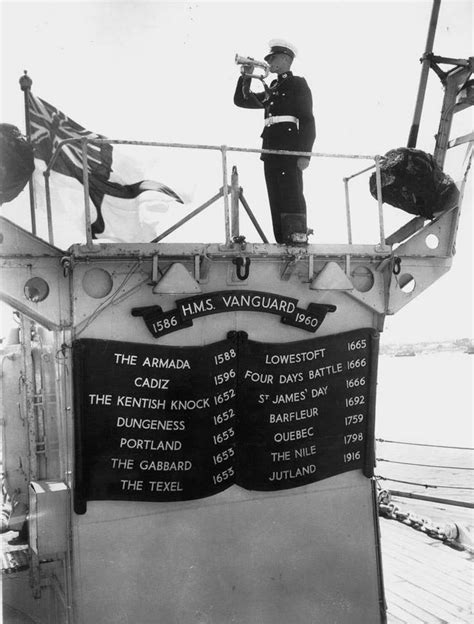 HMS Vanguard shows off her list of Battle Honours under the White Ensign, unknown date and ...