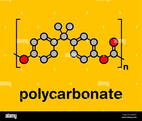 Polycarbonate (PC) plastic, chemical structure. Made from phosgene and bisphenol A. Stylized ...