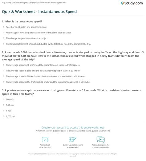 Quiz & Worksheet - Instantaneous Speed | Study.com