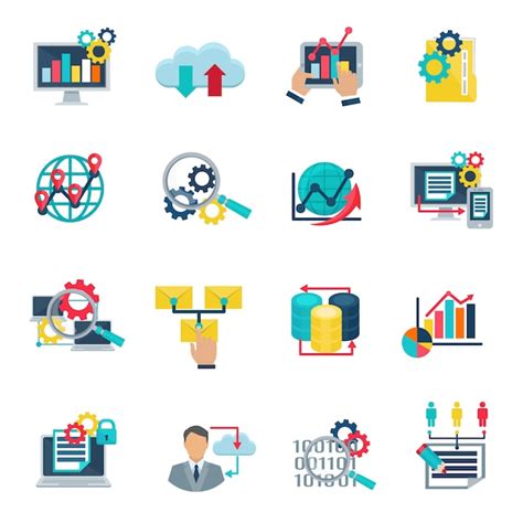 Iconos planos de la tecnología de análisis de datos grandes con nube de internet | Vector Gratis