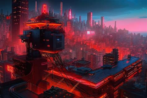 Premium Photo | A digital painting of a city with a red light that says ...