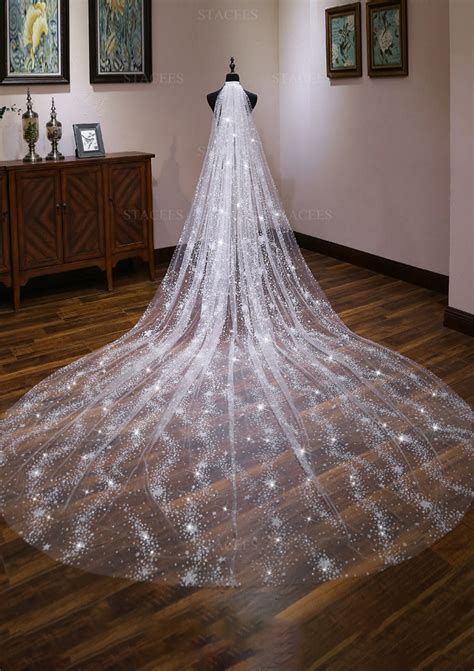 Tulle One-tier Cathedral Bridal Veils With Sparkling Glitter (S1090403) - Wedding Veils - Stacees