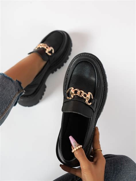 Black Punk Collar Plain Loafers Embellished Women Shoes Outfit Loafers ...