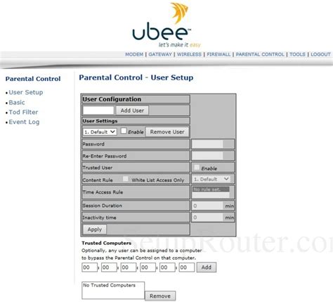 Ubee DVW3201B Screenshot Parental Control User Setup