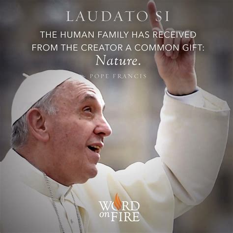 the pope waves as he stands in front of a quote that reads, laudato si