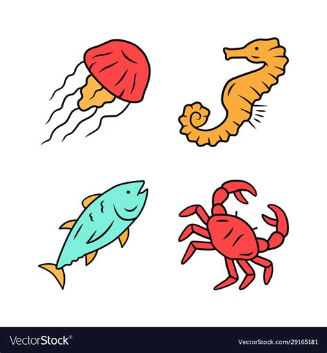 Sea animals color icons set swimming tuna crab Vector Image