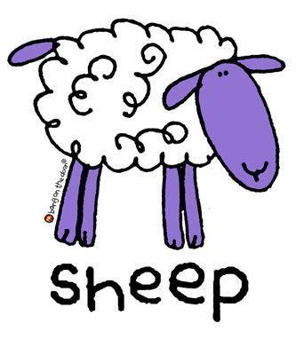 a purple sheep with the words sheep on it's back and front end in black ink