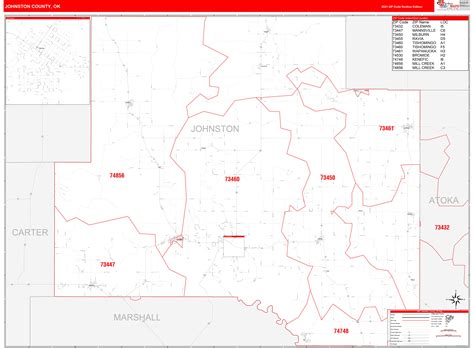 Johnston County, OK Zip Code Wall Map Red Line Style by MarketMAPS