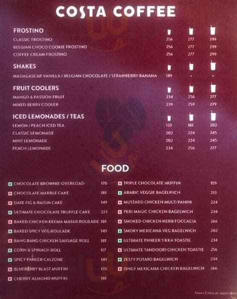 Costa Coffee menù, Hyderabad - Main Menu | Sluurpy