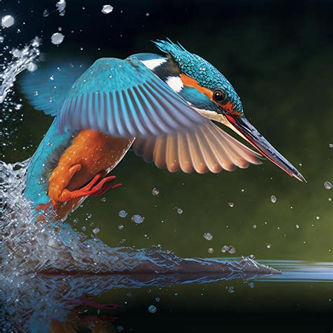 Common European Kingfisher river kingfisher flying after emerging from water with caught fish ...