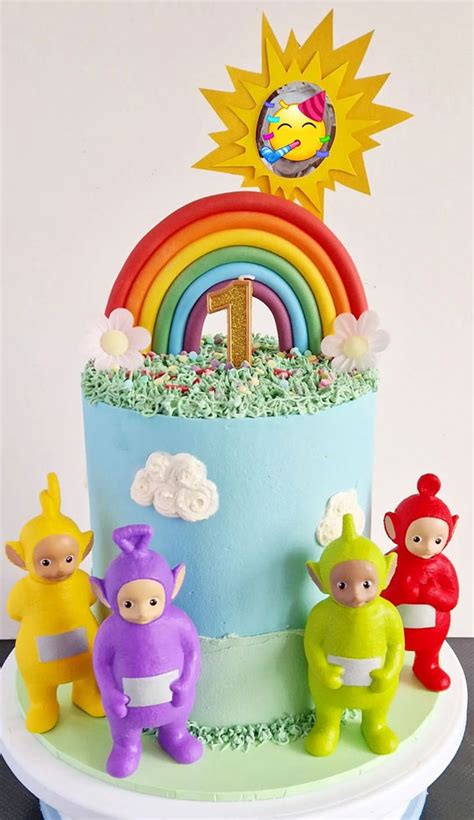 30 Cute Teletubbies Cake Ideas : Blue Cake + Rainbow Topper