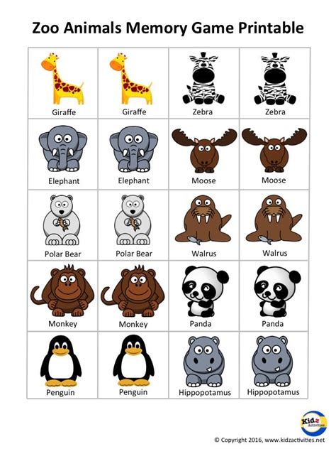 Zoo Animals Memory Game Free Printable by Kidz Activities | Zoo animals ...