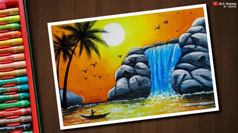 Waterfall Drawing with Oil Pastels - step by step - YouTube